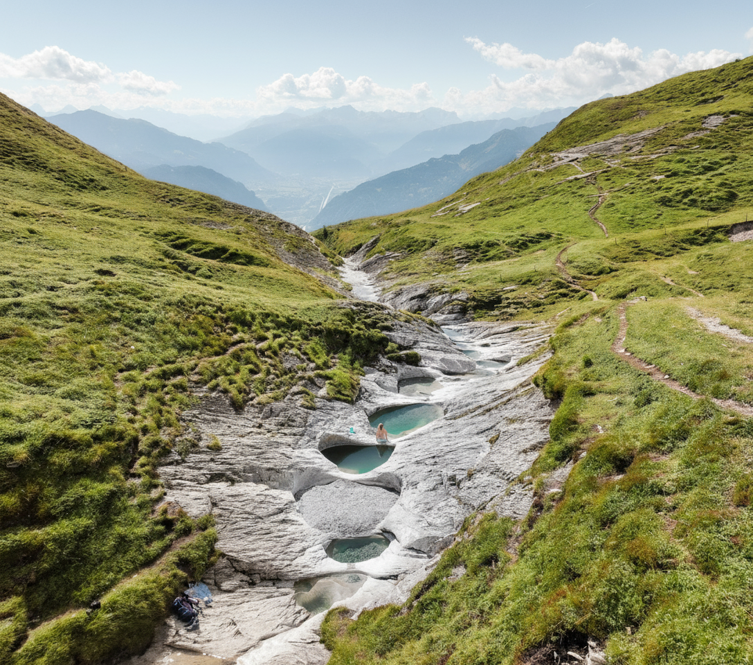 Gletschermühlen Alp Mora – türkisfarbene Wasserpools bei der Alpinwanderung ab Ringelspitzhütte SAC
